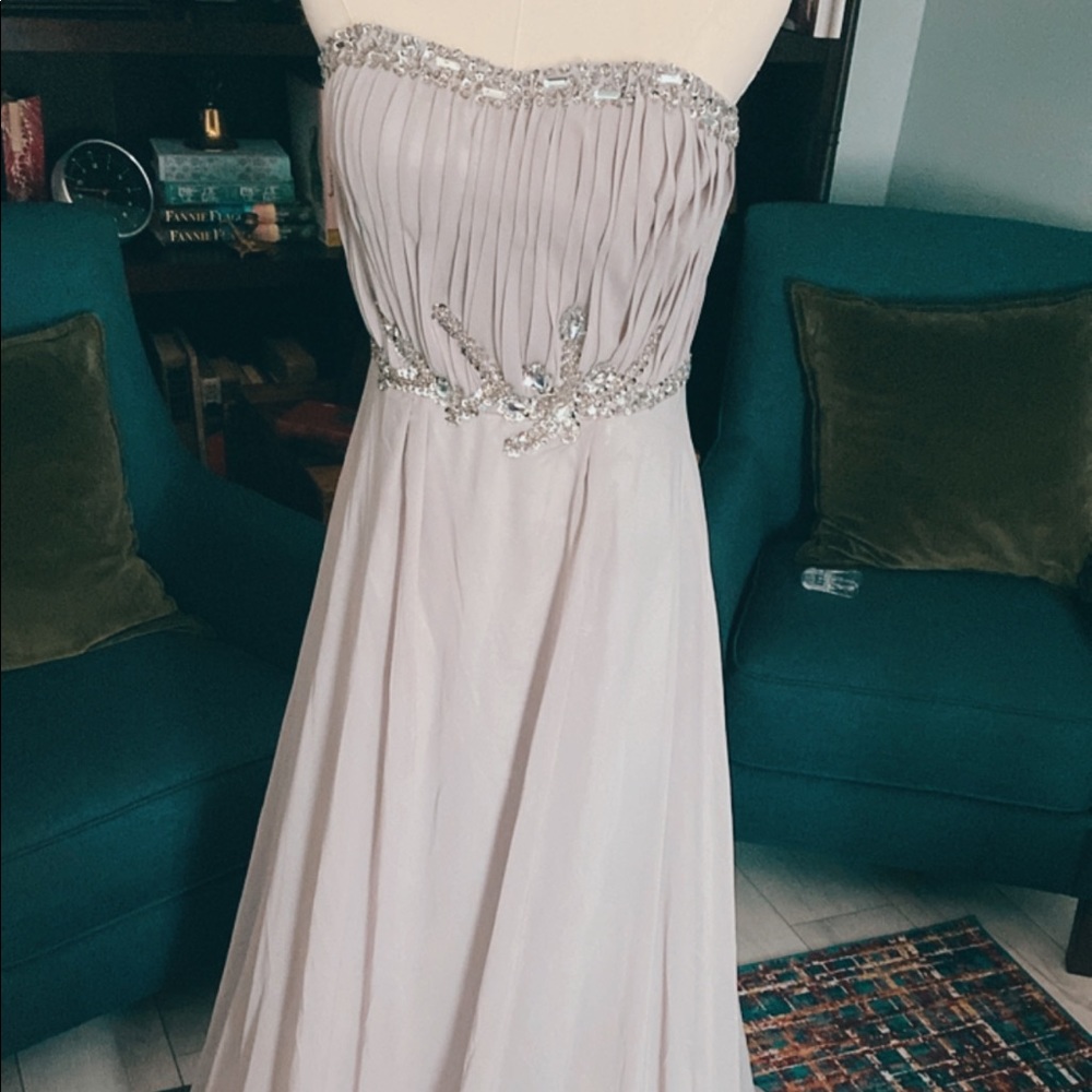 Prom Formal Dress Grey with Silver Sequined Appliqué
